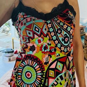 Vibrant silky smooth Multicolor Camisole with Navy Blue Lace Trim